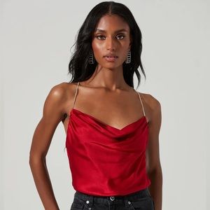 Red Satin Cowl Neck Camisole with Chain Straps